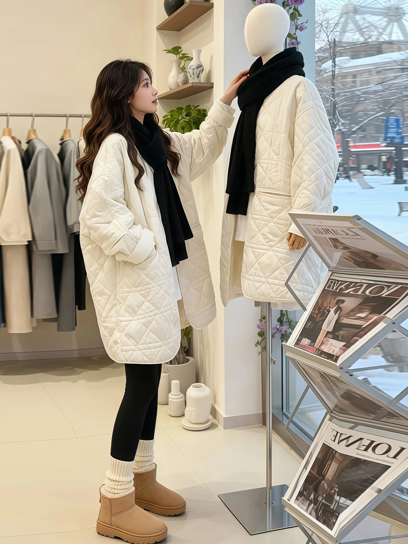 欧货慵懒高级感棉服女款2025新款翻领中长款菱格百搭面包服厚外套