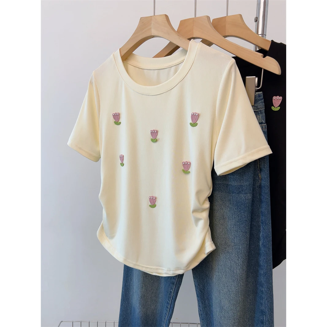 【大码】8346别致漂亮碎花郁金香短袖T恤女夏新款显瘦遮肚正肩上衣