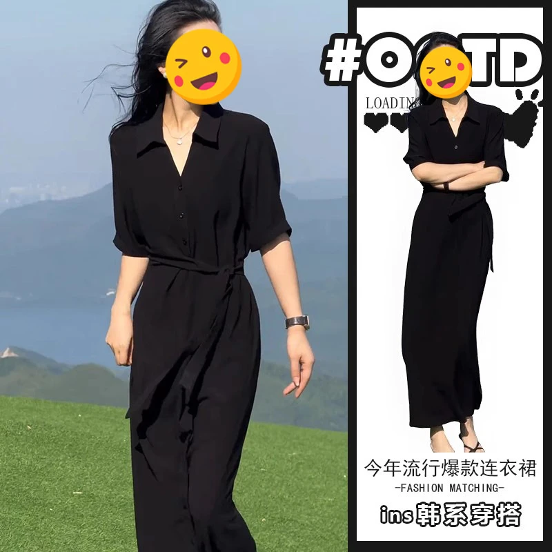 2025夏季超火新款高冷御姐风连衣裙女高级感独特黑色收腰显瘦长裙