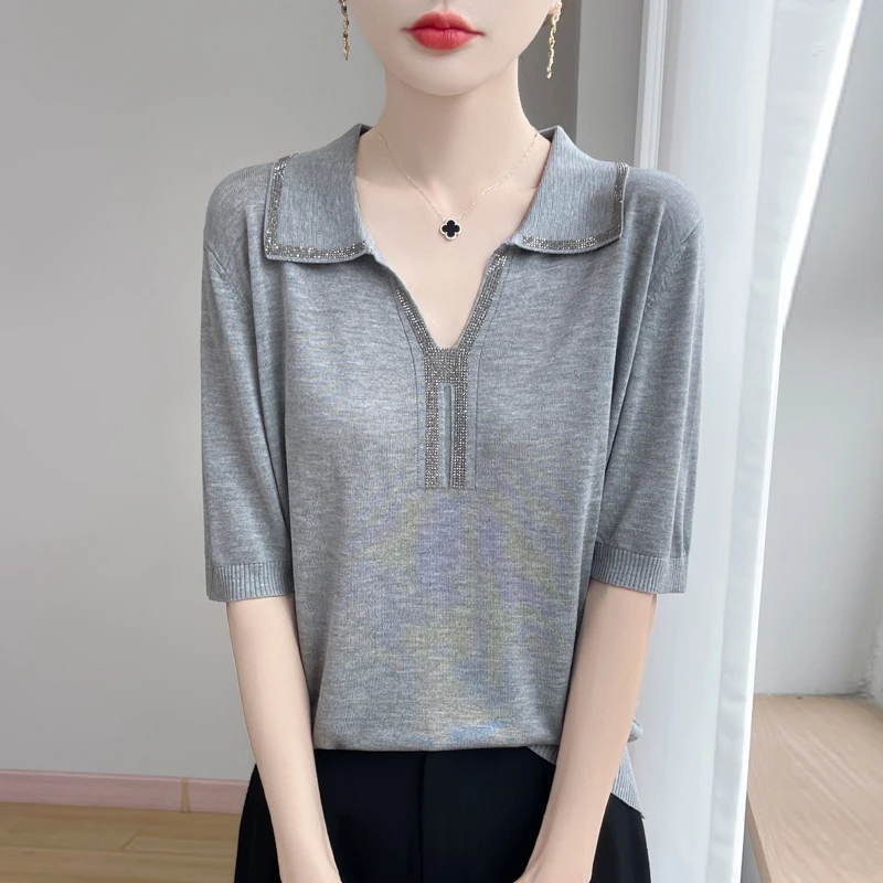 品牌2025夏季新款女翻领针织T恤短袖烫钻V领薄款透气时尚洋气上衣