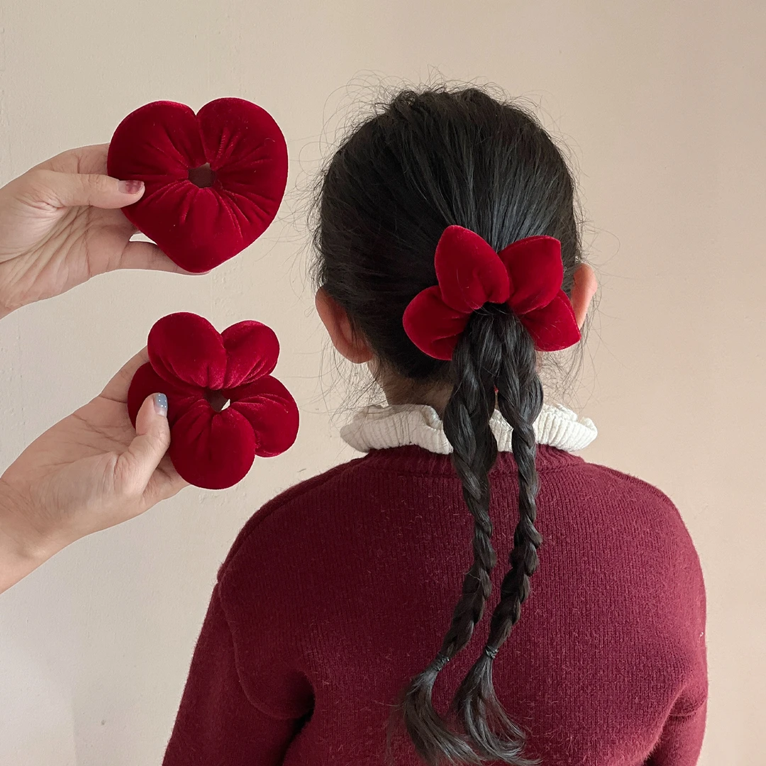 韩儿童甜美丝绒花朵套圈女童百搭大肠圈小女孩新年红爱心丸子头圈