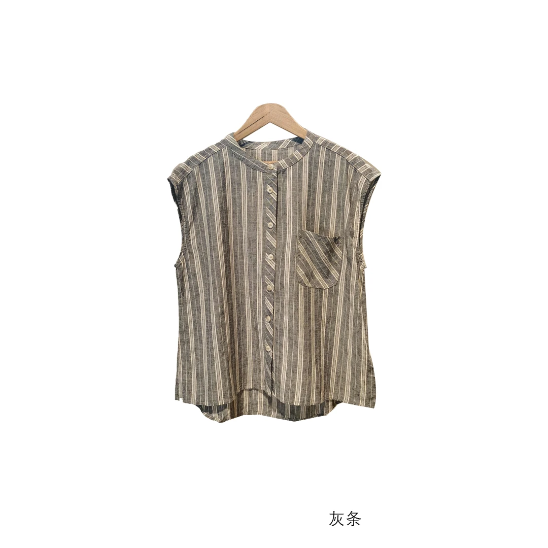 布衣分享 52325 原创设计春夏休闲复古亚麻条纹马甲百搭