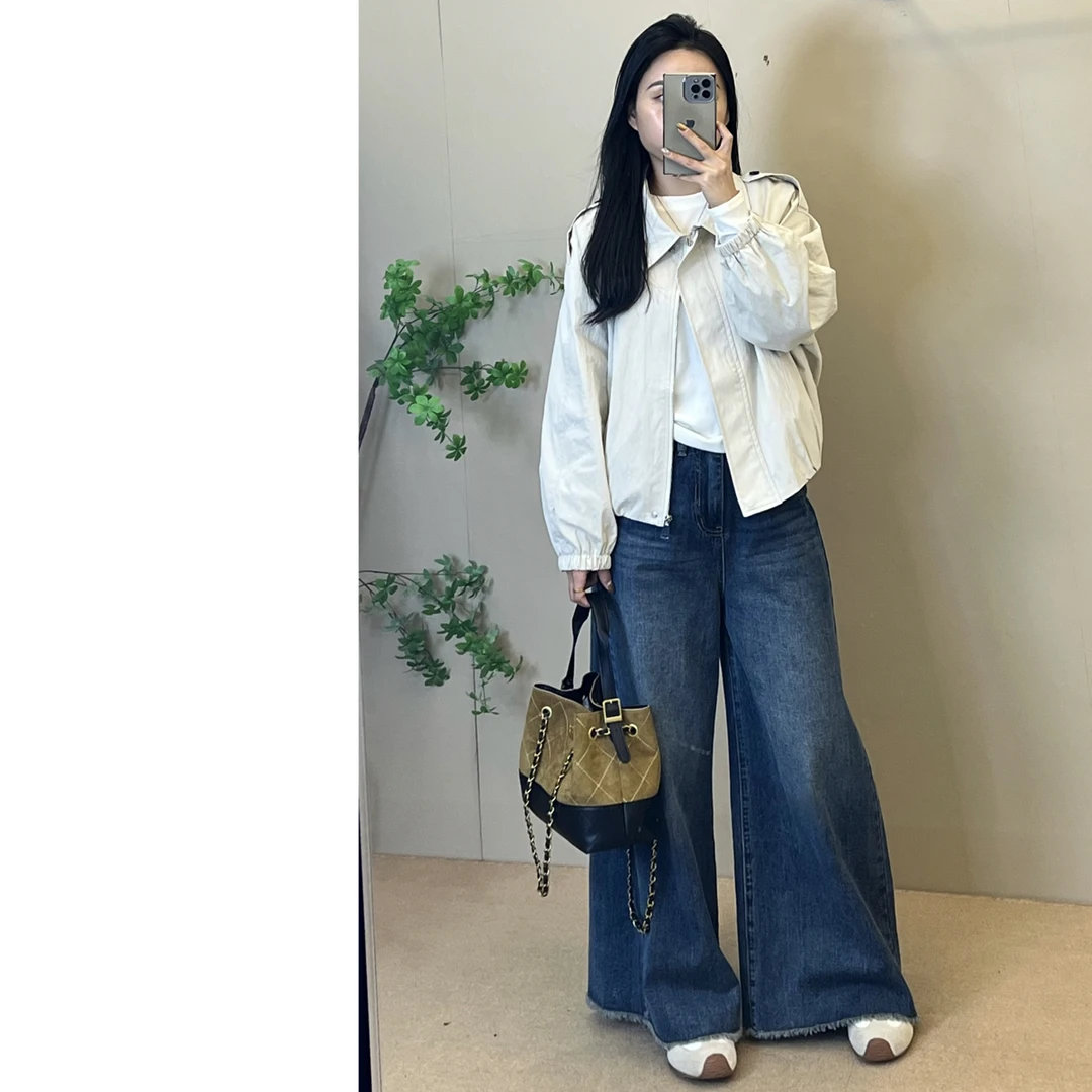 米灰色翻领短款风衣外套
