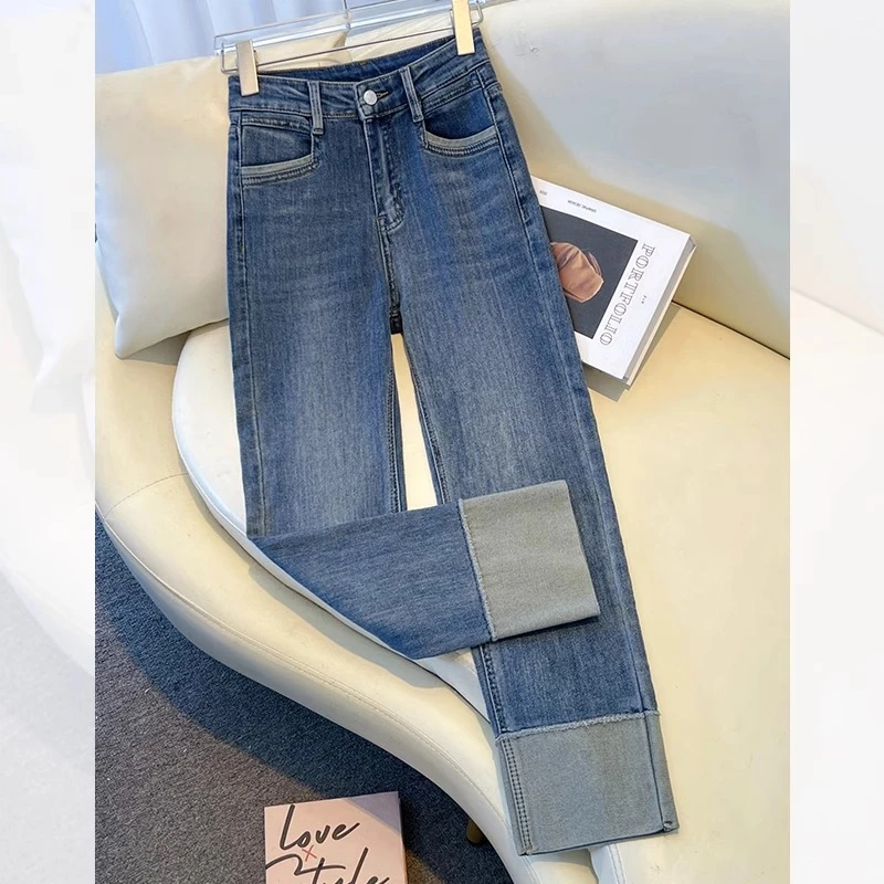 复古烟管牛仔裤女春2025新款时尚显瘦小个子九分裤翻边撞色直筒裤