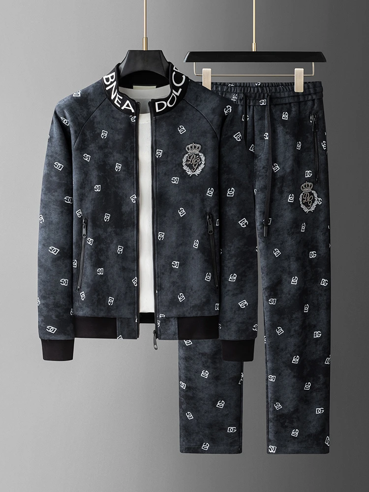 2025秋季新款男士潮流休闲套装时尚青年轻奢立领拼接运动卫衣外套