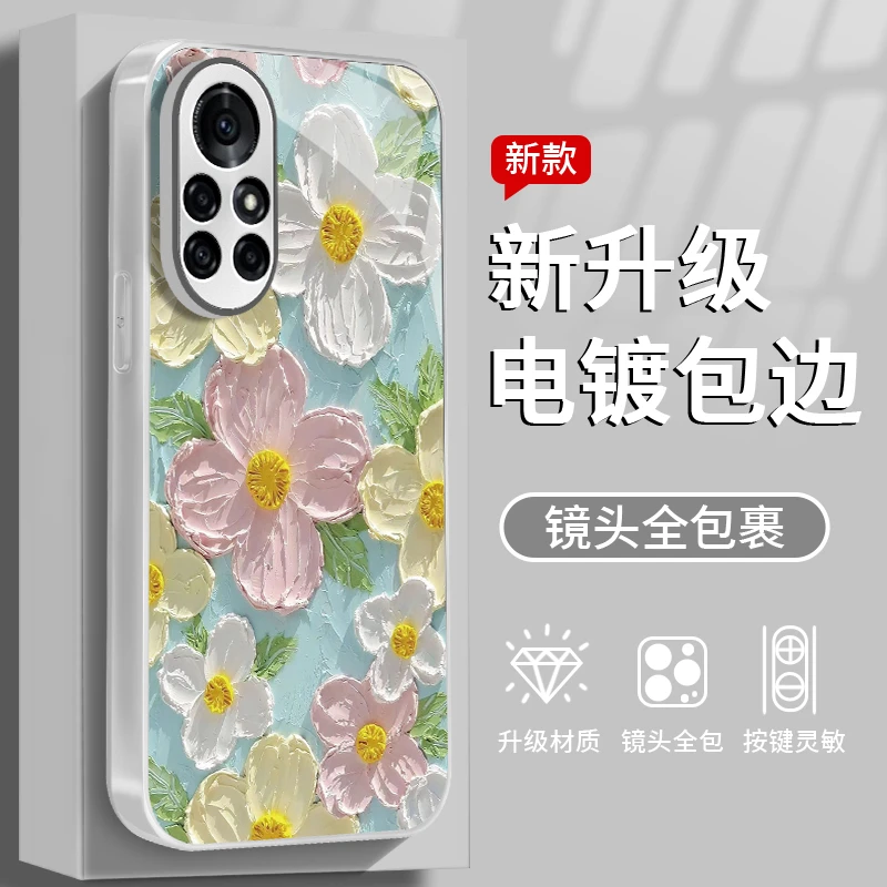 油画小花适用于华为Nova8Pro手机壳苹果/华为/oppo/小米防摔玻璃