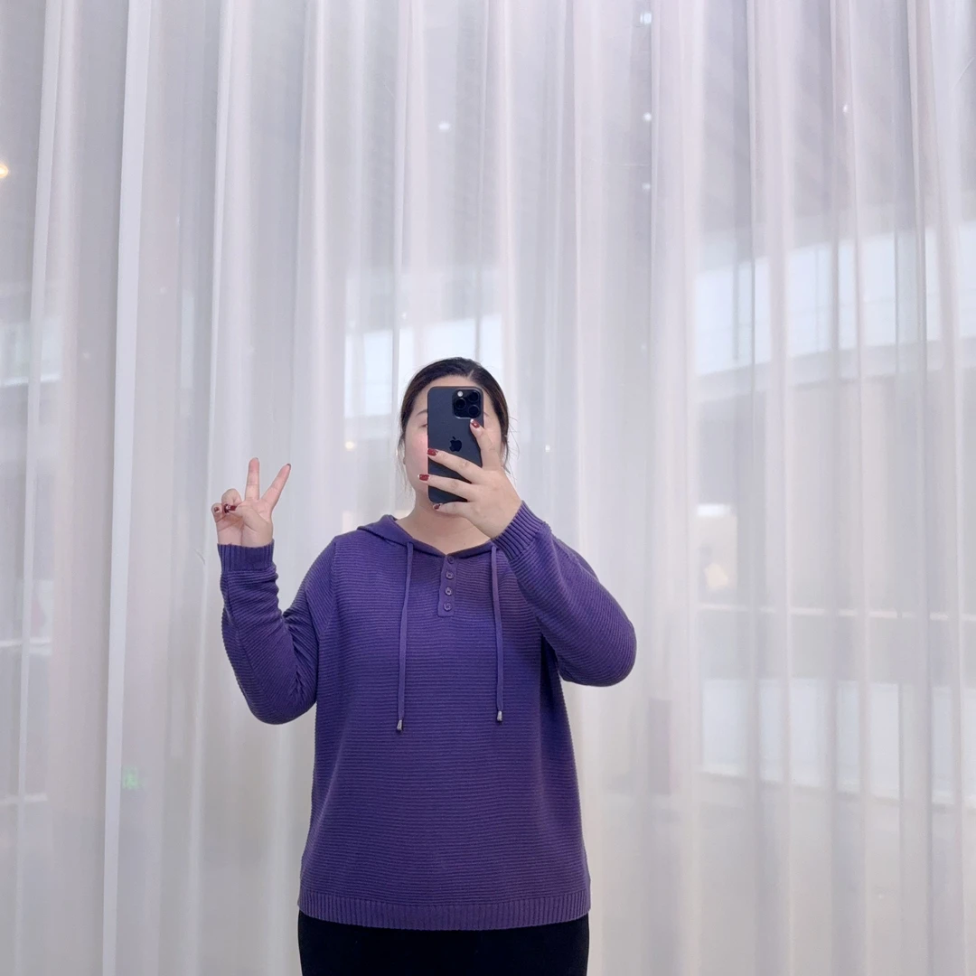 纯色帽衫 652【胖宝】紫色连帽宽松针织长袖秋冬打底衫上衣妈妈装