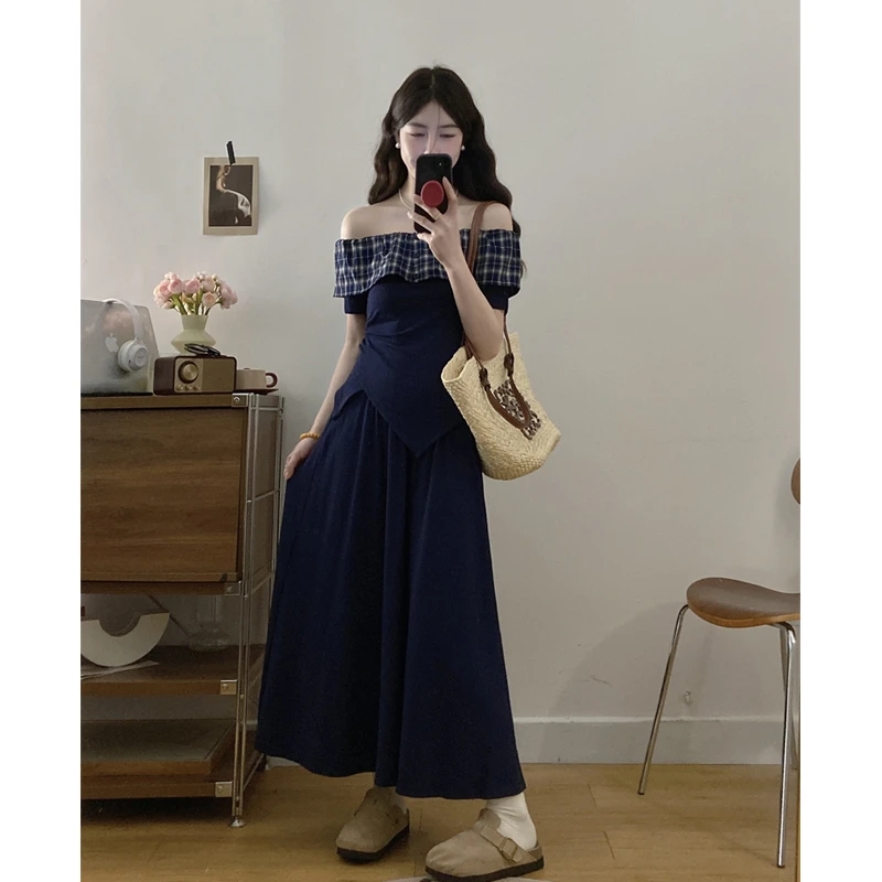 大码夏季新款显瘦格子拼接设计感针织上衣一字肩大摆裙洋气穿搭