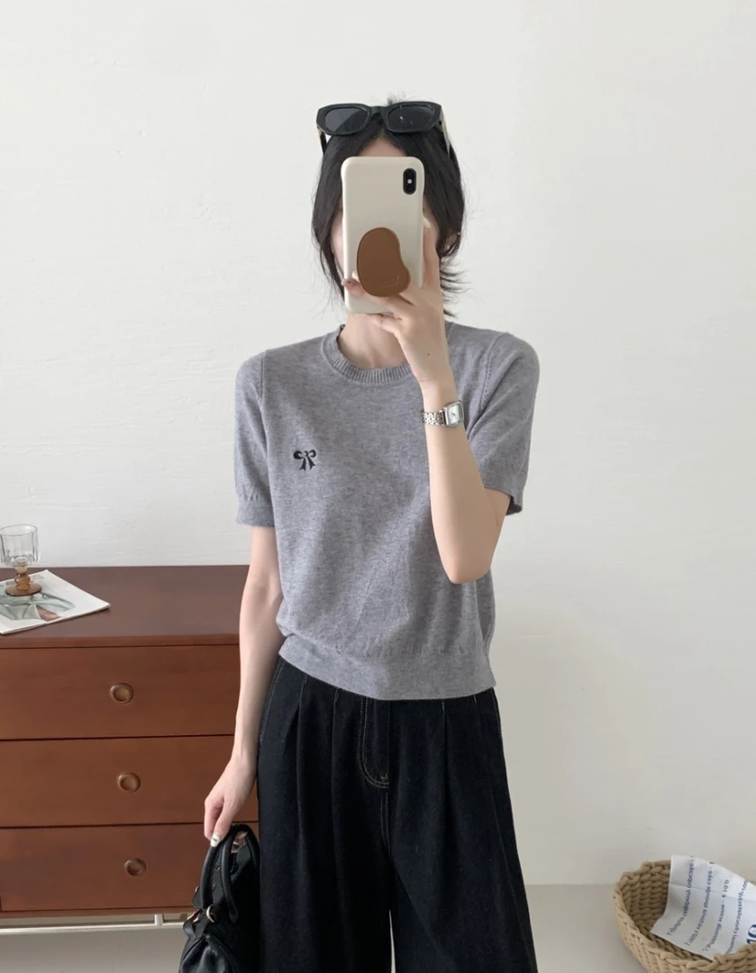 显瘦软糯针织短袖时尚圆领打底休闲百搭春夏毛衣刺绣薄款上衣2025