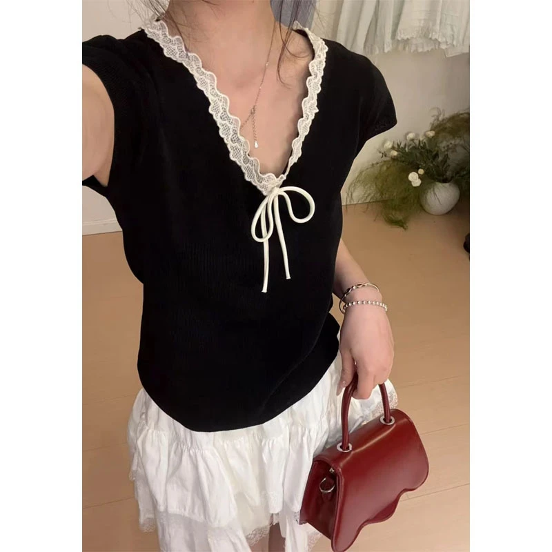 法式绝美蕾丝花边针织短袖蝴蝶结T恤女夏季新款小个子设计感上衣