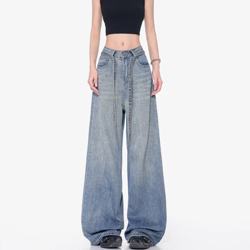 KEN STUDIO夏秋新款蓝色满天星烫钻牛仔裤女高腰猫须宽松阔腿长裤