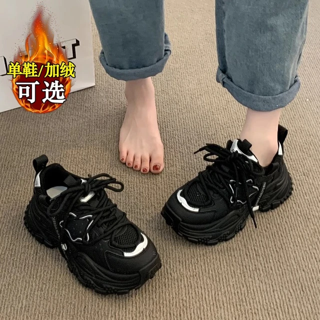 黑色老爹鞋女款2024新款秋冬季加绒二棉鞋初中学生厚底运动跑步鞋