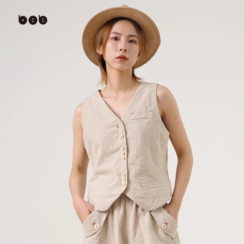 【商场同款】白目自麻色马甲 女2024春装新品帅气复古叠穿V领背心