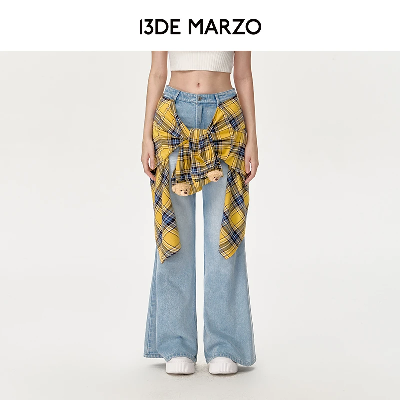 13DE MARZO女士 可拆卸衬衫两件套水洗微喇牛仔裤专柜同款