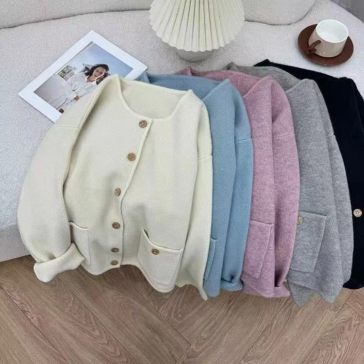 大码女装灰色圆领毛衣开衫女早春季韩系宽松显瘦洋气百搭针织外套