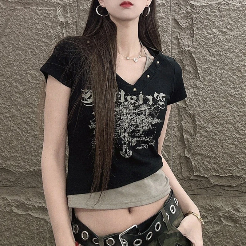 韩系甜辣性感V领短袖T恤女夏季新款复古印花修身显瘦百搭短款上衣