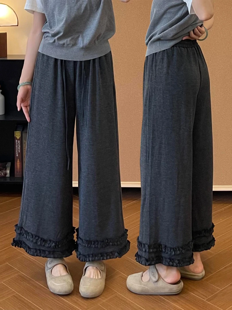 灰色木耳花边糯米裤子女秋季新款小个子显瘦慵懒感九分直筒休闲裤