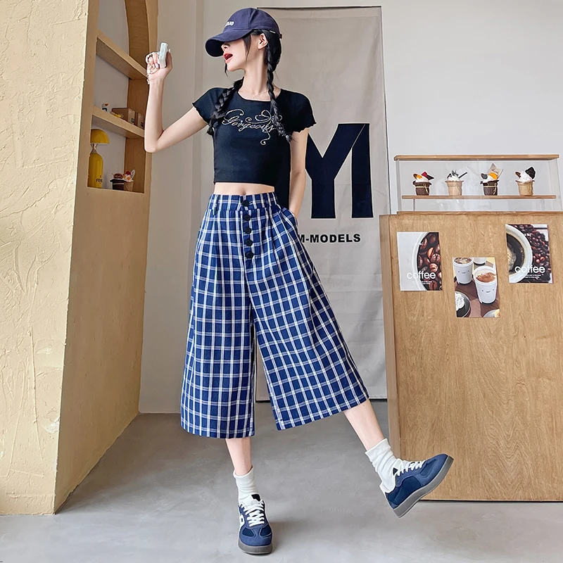2025新款格纹休闲裤女夏季薄款凉凉高腰显瘦宽松爆款七分阔腿裤子