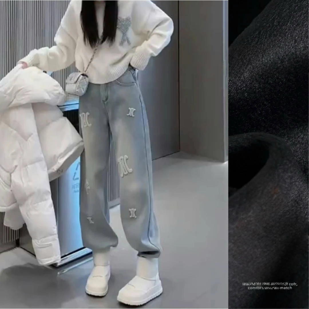 2025秋季新款刺绣窄版阔腿牛仔裤女高腰时尚显瘦百搭阔腿牛仔裤子