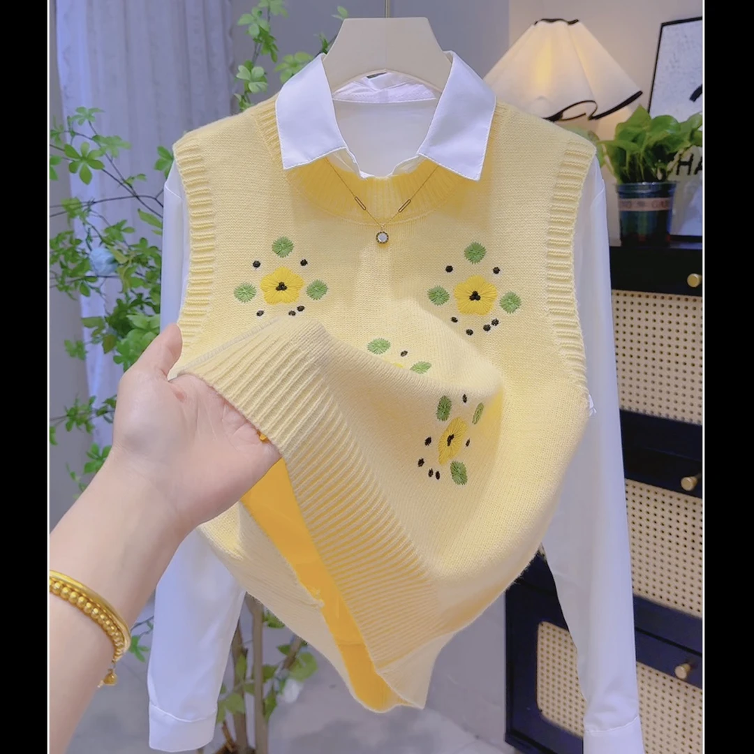Jb75 花朵刺绣马甲配娃娃领衬衫两件套女春新款气质外穿针织背心