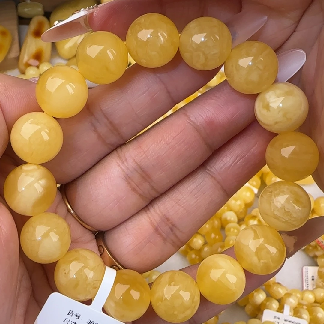 蜜蜡未镶嵌手串鸡油黄飘白花圆珠手串