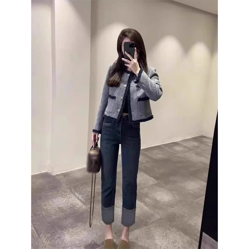 深秋初冬穿搭名媛气质高级感富家千金独特超好看蓝色外套两件套装