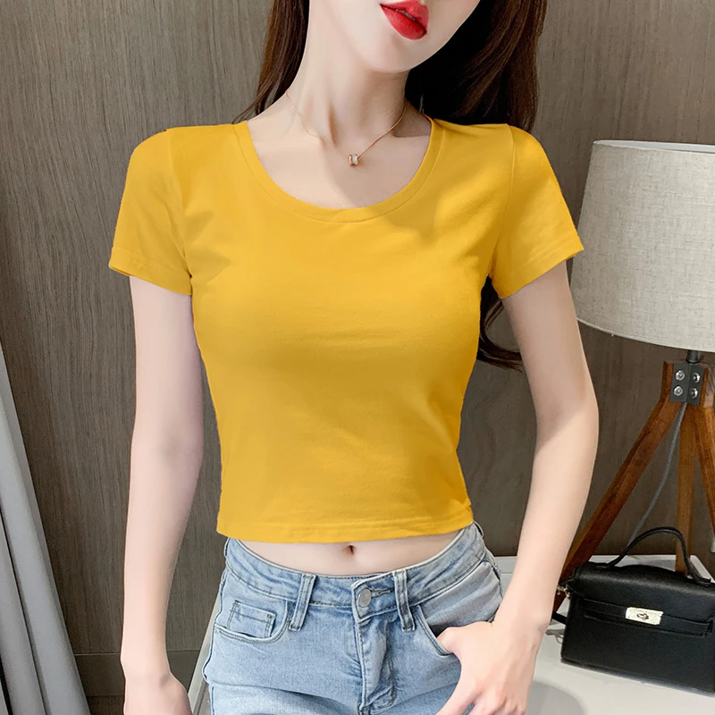 姜黄色短袖t恤女短款上衣高腰露脐女装2025夏季新款修身显瘦体恤