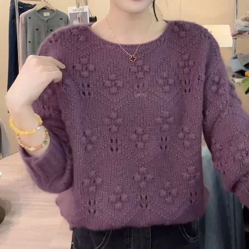 【一字领菱格】纯色一字领菱格立体波点慵懒风宽松显瘦针织衫套头