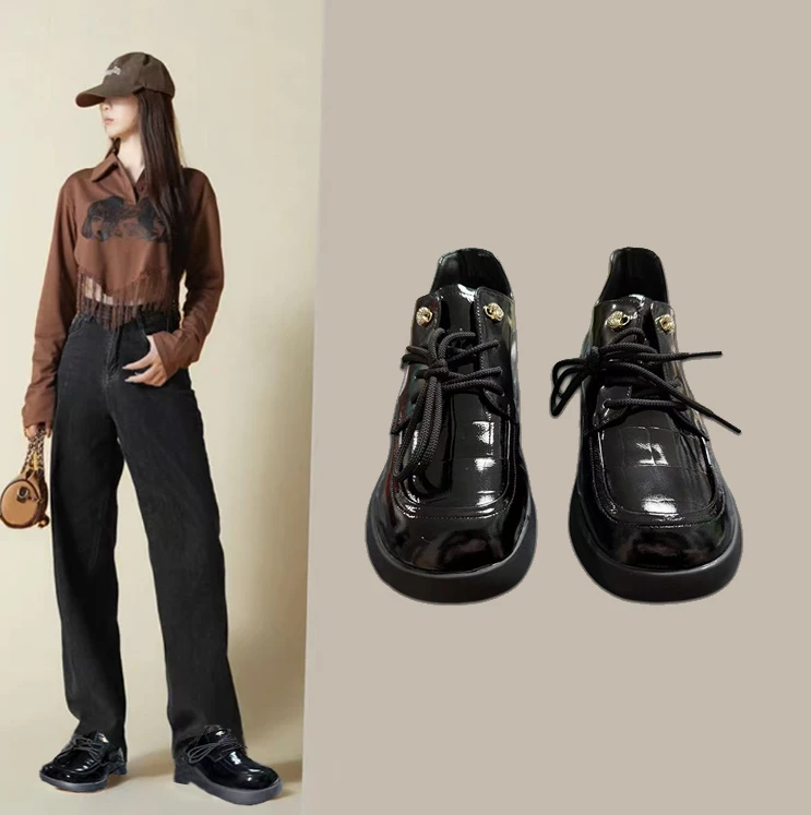 薄款系带秋季中跟胶粘圆头乐福鞋皮鞋女鞋秋冬百搭