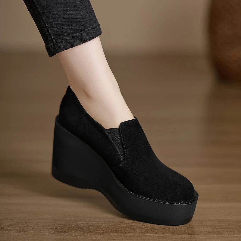 小个子手工女鞋9cm~圆头粗跟坡跟高跟鞋春季新款不累脚妈妈鞋单鞋