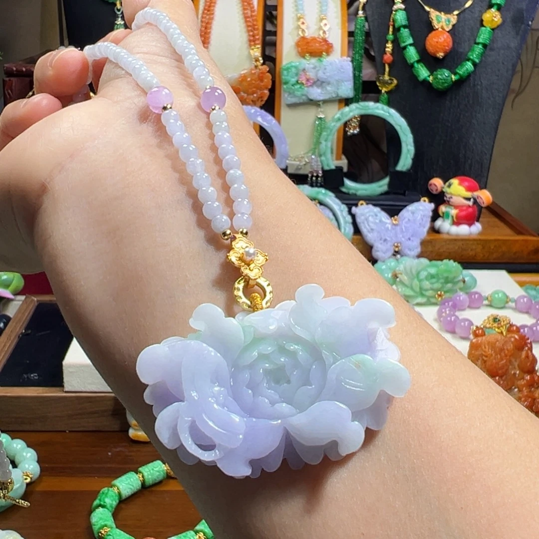 翡翠未镶嵌毛衣链冰紫花花