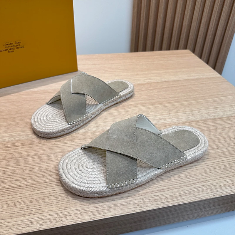 高端轻奢真皮草编渔夫一字拖夏季新款透气外穿凉拖百搭一脚蹬拖鞋