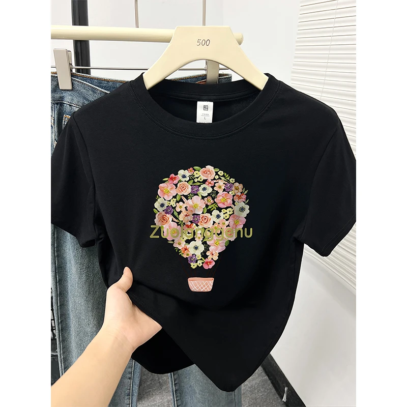 圆领减龄印花正肩短袖T恤女2025夏季新款韩系设计感小个子上衣ins