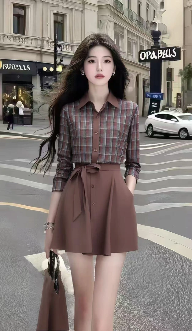 新款小众时尚休闲穿搭咖色格子长袖衬衫上衣+咖色高腰半身裙套装