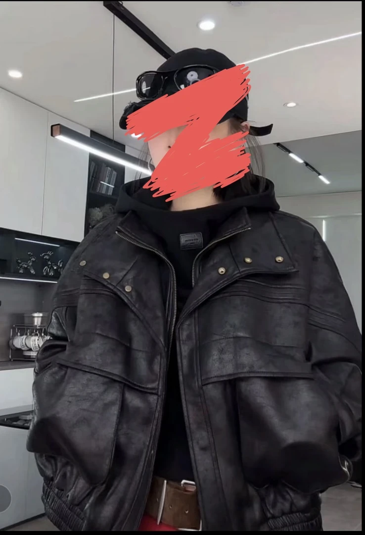 冬款假两件麂皮加厚款方领夹克外套