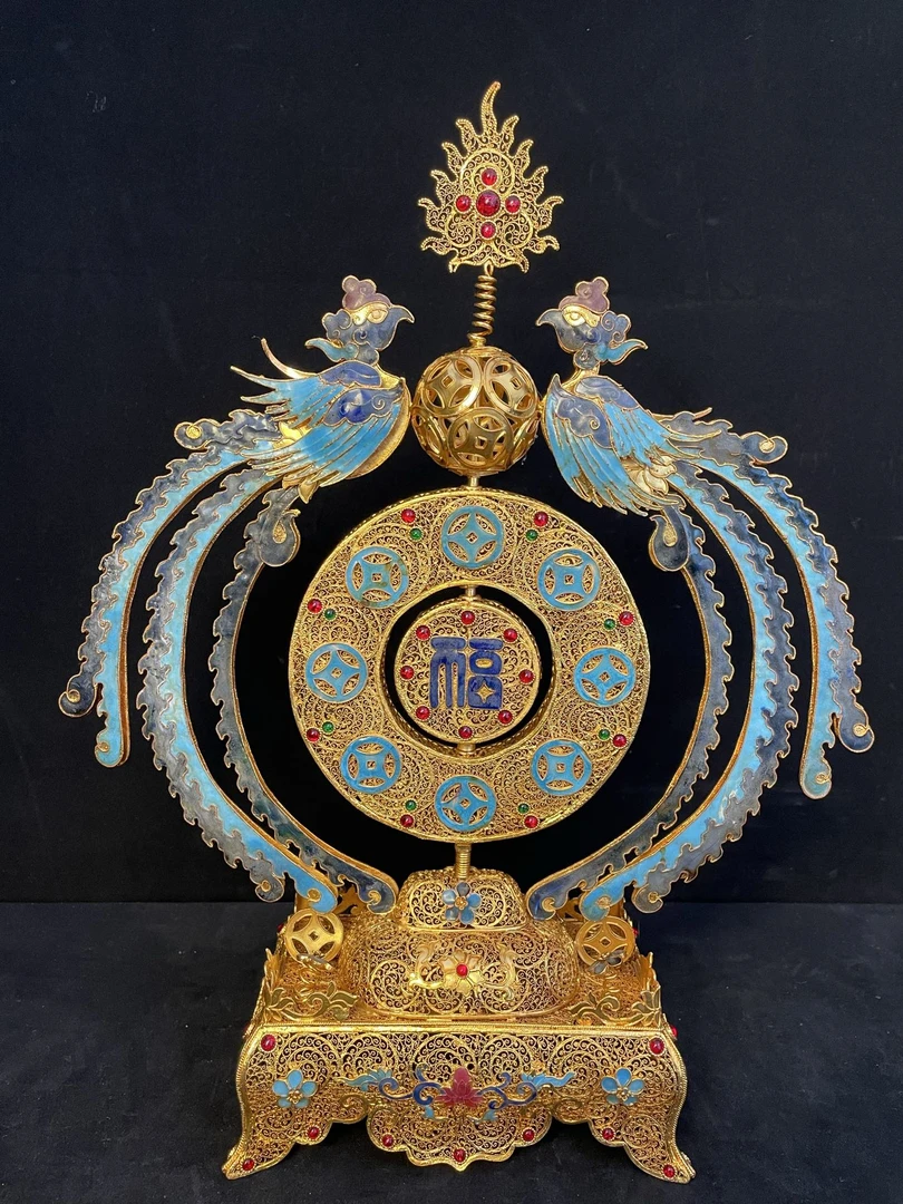 紫铜鎏金花丝凤转运屏风