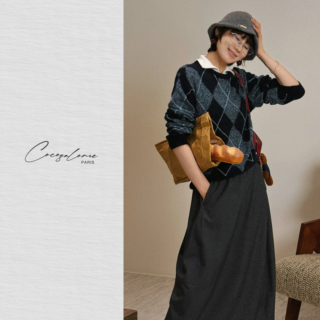 韩彬彬"蓝凌花"软黃金羊绒细腻亲肤复古菱格秋冬王炸毛衣2534-6