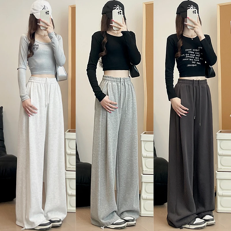 白灰色运动裤女春秋季2025新款高腰垂感休闲卫裤小个子宽松阔腿裤