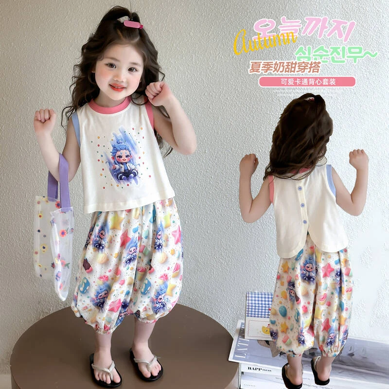 女童夏装套装2025新款儿童敖丙背心T防蚊裤两件套女小童宝宝童装