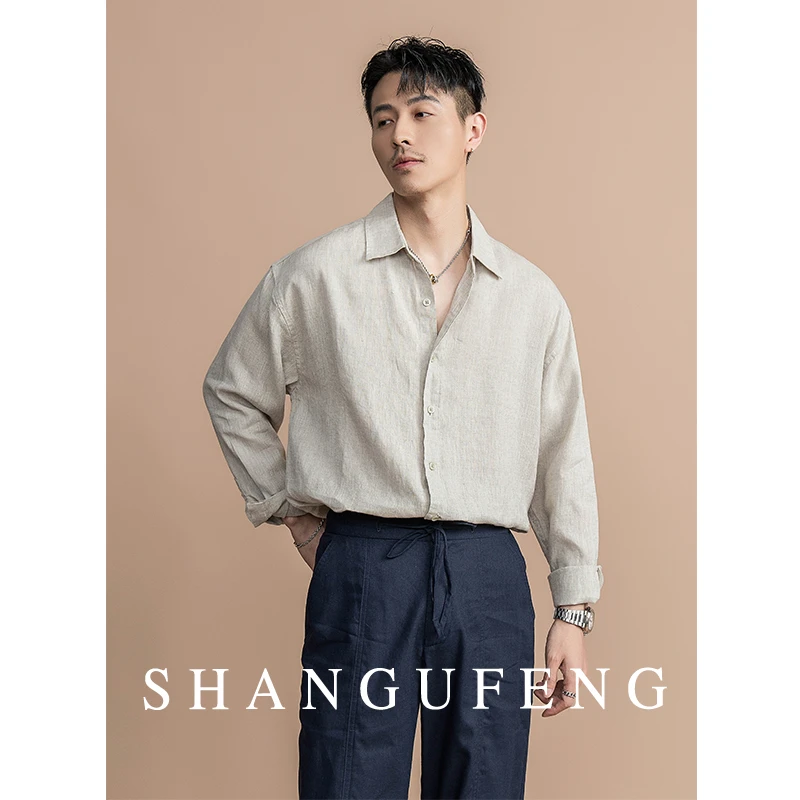 SHANGUFENG意式100%亚麻色织长袖衬衫男士休闲舒适通勤透气衬衣男