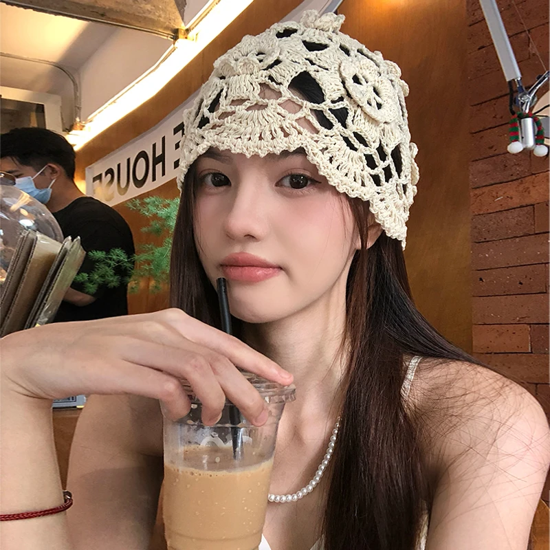 手工钩花针织堆堆帽女春夏时尚百搭可爱套头帽薄款透气镂空包头帽