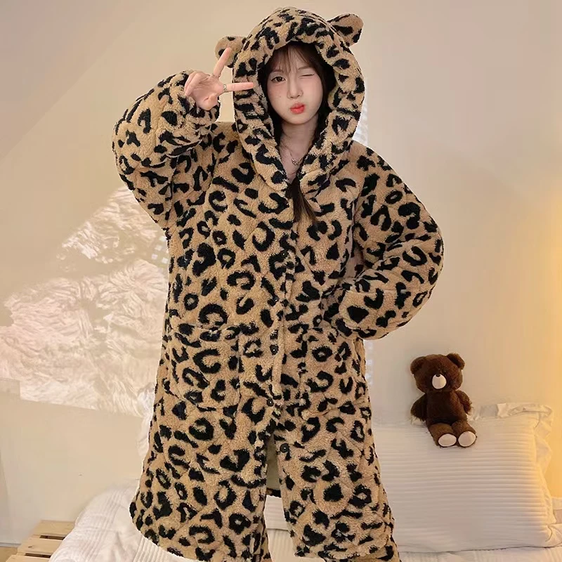【2025深色豹纹长袍套】新款保暖睡衣冬季卡通家居服套装秋冬季外穿