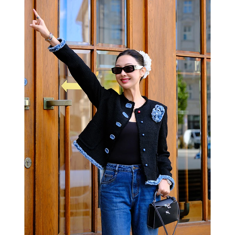 TRACYCHU秋季混羊毛黑色薄款粗花呢法式浪漫少女花朵胸针箱式外套