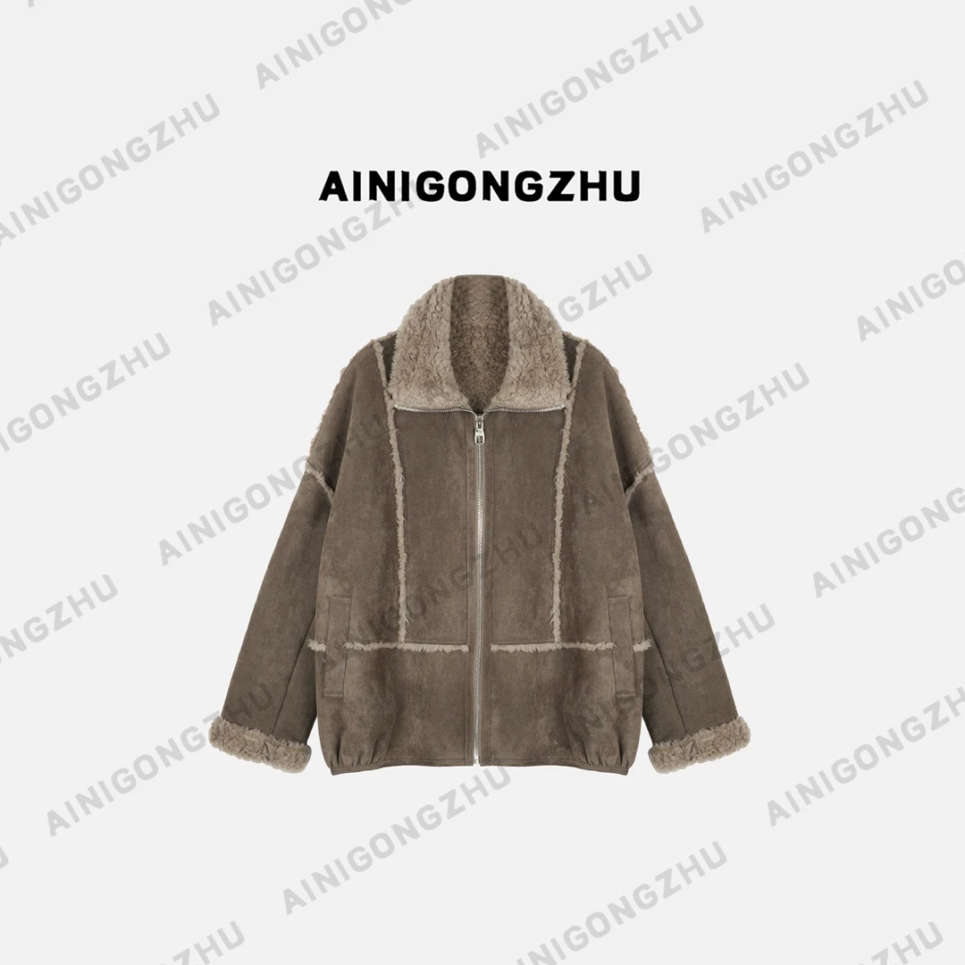 AINIGONGZHU/艾妮公主女翻领拉链反绒面宽松秋冬羊毛外套K25121