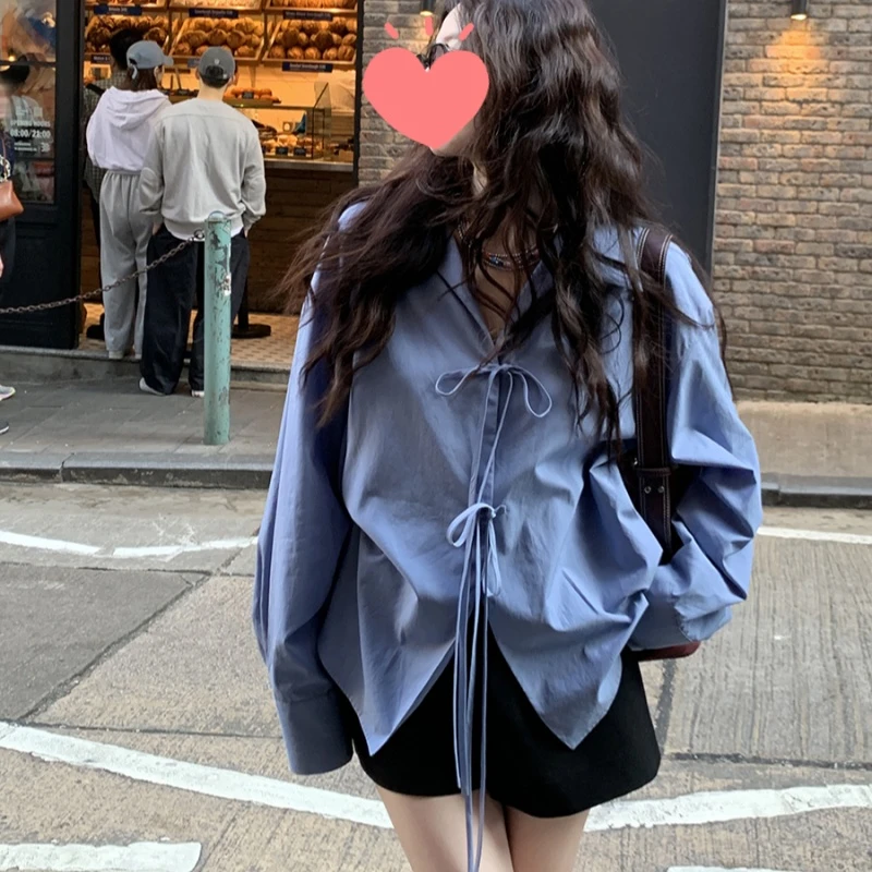 气质翻领蝴蝶结系带衬衫女2025年春秋新款设计感小众独特别致上衣