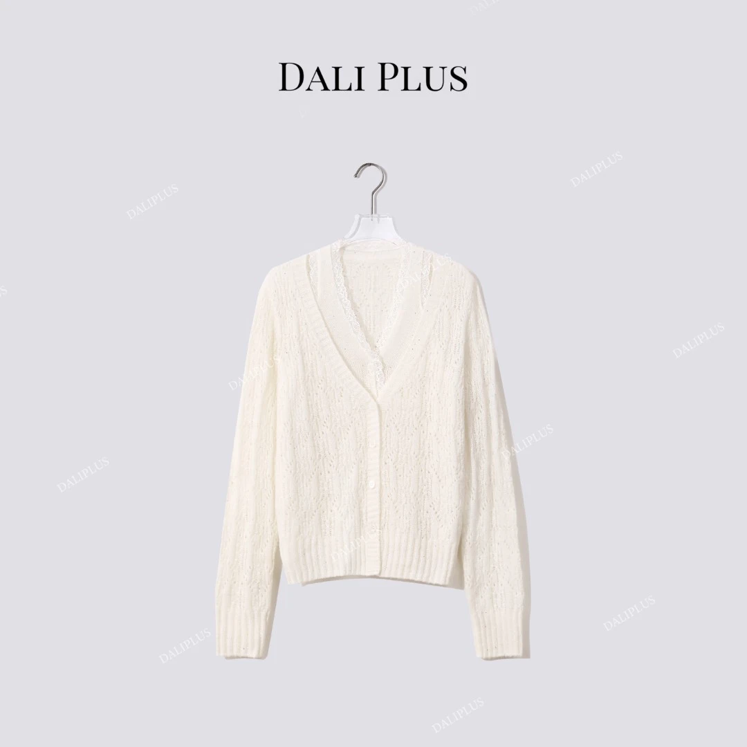 DALI PLUS“山羊绒蕾丝开衫”假两件绵羊毛针织上衣-D5CK2140
