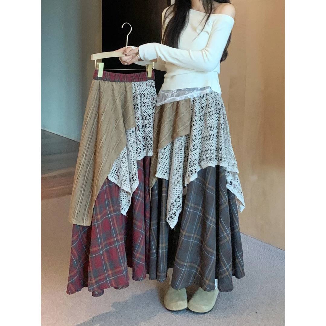 设计感不规则拼接裙子半身裙女春季小众别致复古格子裙A字裙长裙