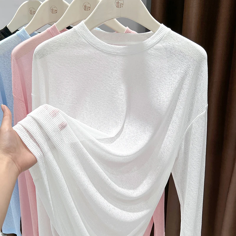 白色细坑条设计感圆领长袖基础款T恤小衫女洋气宽松夏季针织上衣