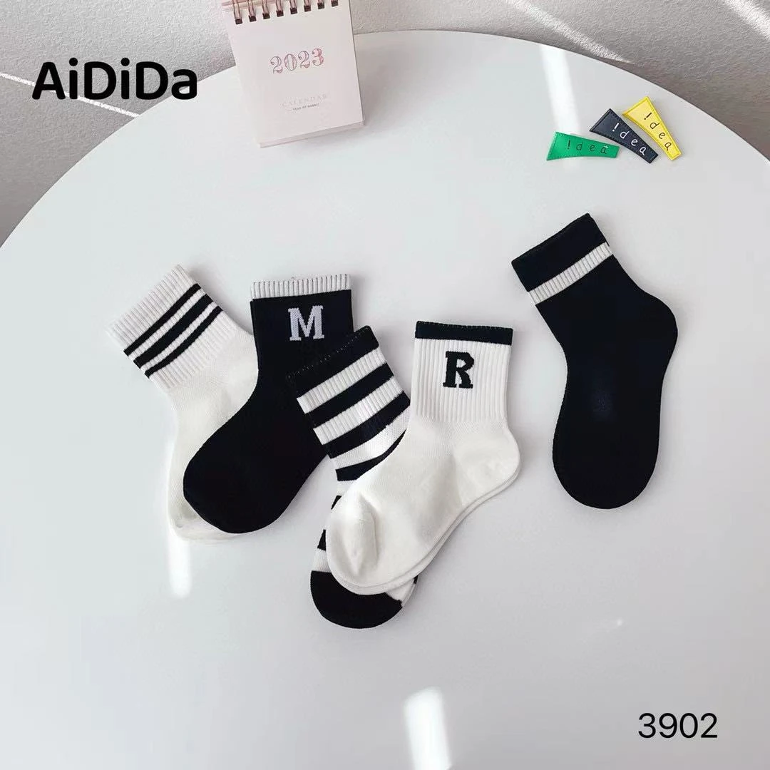 夏季韩版5双纯棉黑白条纹纯棉男童女童袜子学院风网眼袜