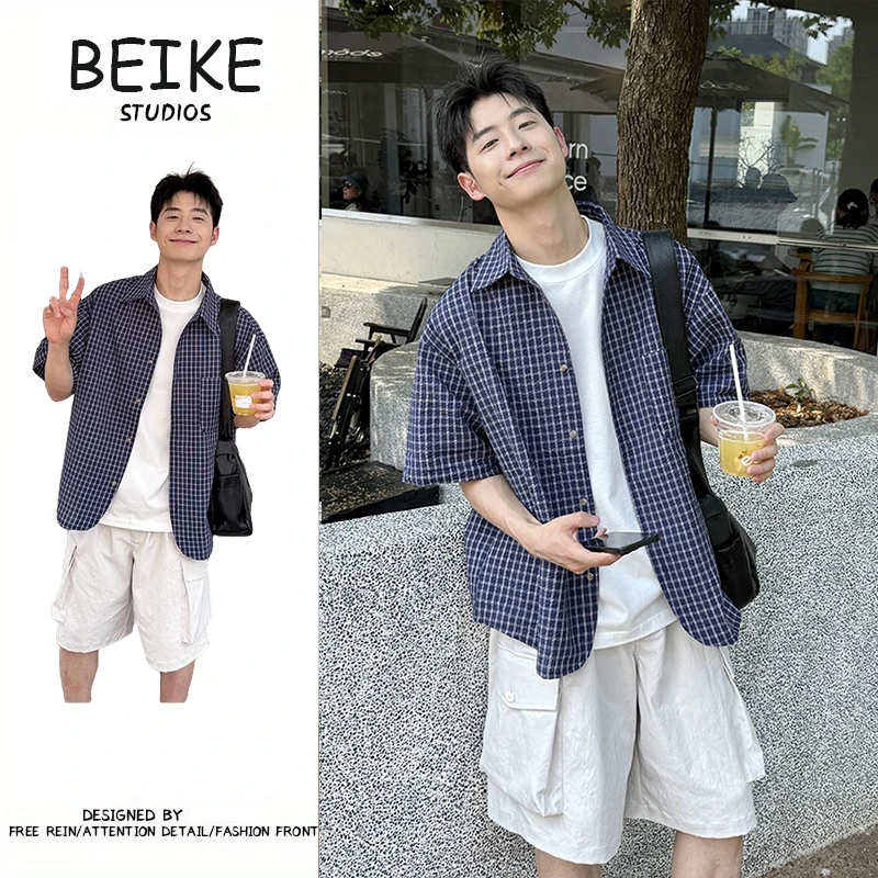 格子短袖衬衫爆款2025新款男款夏季百搭宽松休闲衬衣薄款内搭潮牌